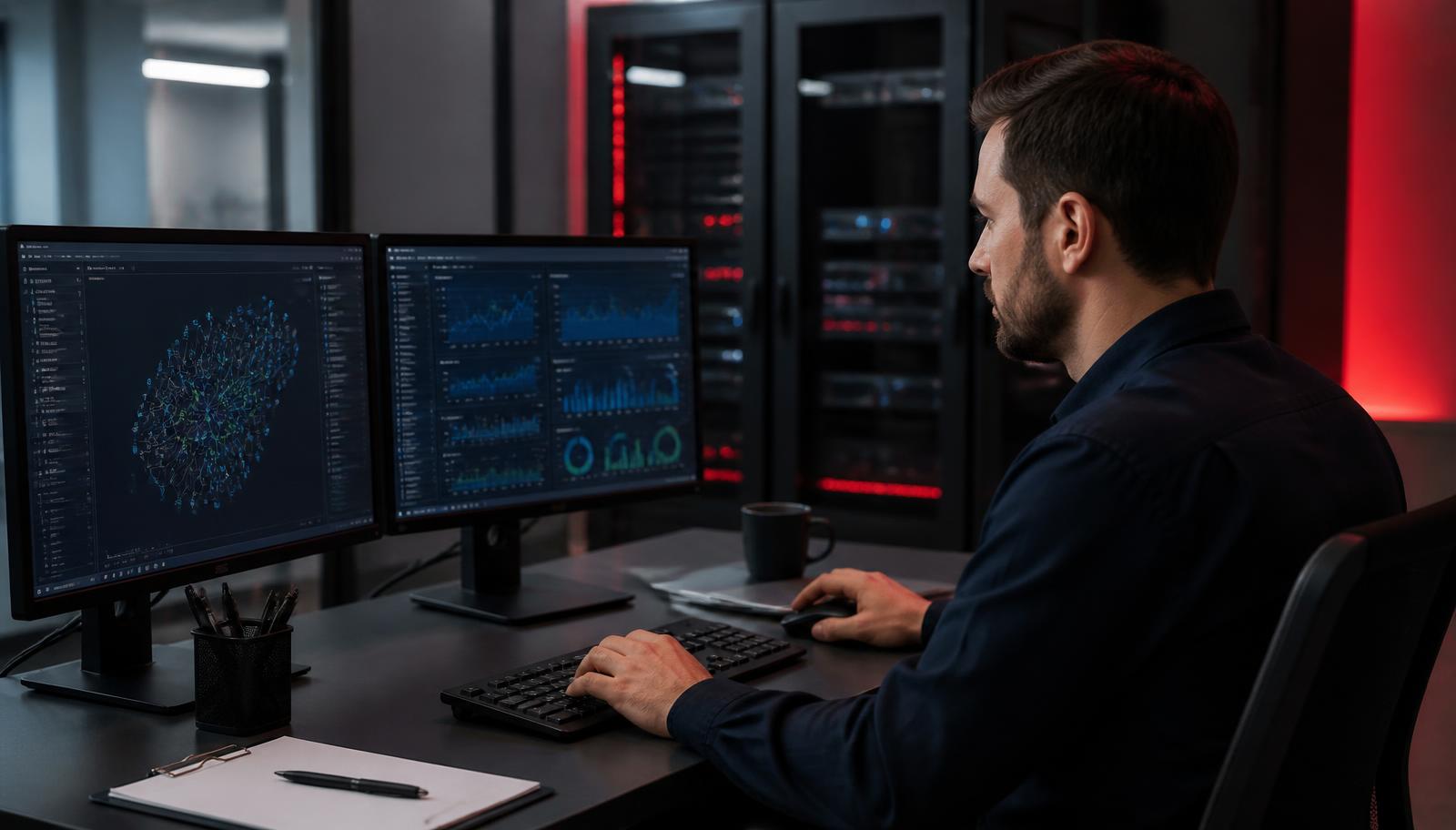 Técnico da RCNetwork monitorando redes e servidores no suporte ao cliente