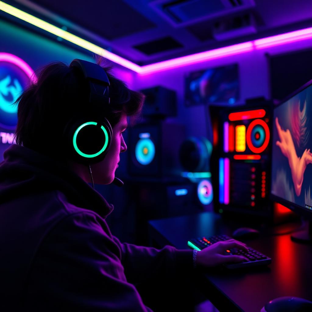 Gamer jogando em setup com LEDs