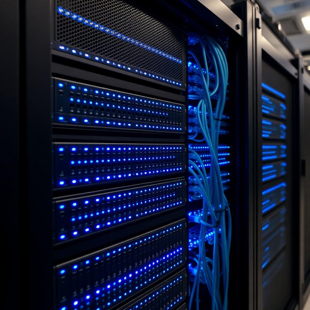 Rack de servidores com LEDs azuis